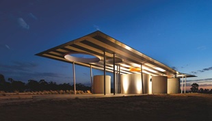 The variegated stripe of the corrugated steel echoes the furrowed earth. A fully convincing structural and surface rhythm is created by the concrete pods cast from Stramit Xtraspan™ 900 in COLORBOND® steel to provide a precisely authentic surface profile.